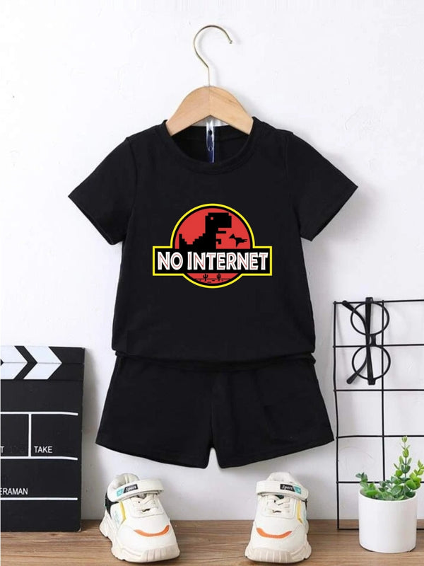 Black No Internet Printed Clothing Set For Boys