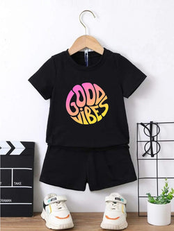 Black Good Vibes Printed Clothing Set For Boys