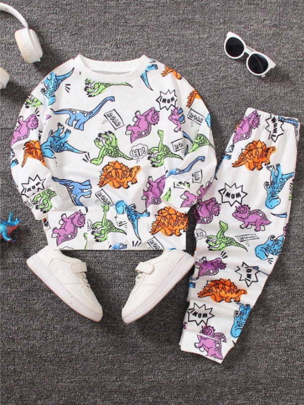 Multicolour White Dino Printed Cotton Blend Casual wear Comfortable Full Sleeve Co-ord Set for boys