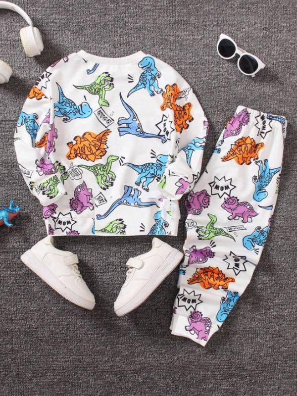 Multicolour White Dino Printed Cotton Blend Casual wear Comfortable Full Sleeve Co-ord Set for boys