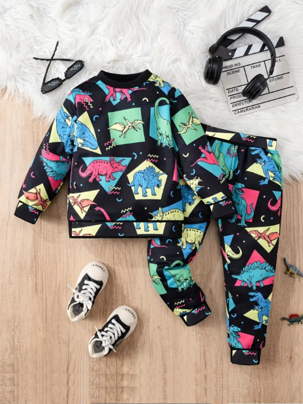 Black Multicolor Dino Printed Cotton Blend Casual wear Comfortable Full Sleeve Co-ord Set for boys