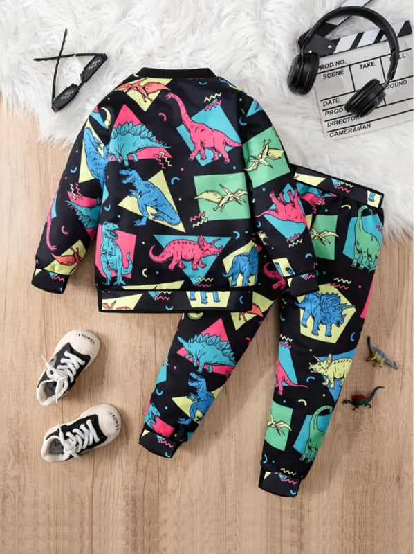 Black Multicolor Dino Printed Cotton Blend Casual wear Comfortable Full Sleeve Co-ord Set for boys