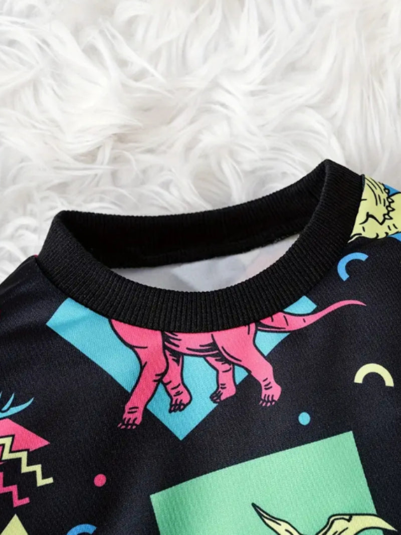 Black Multicolor Dino Printed Cotton Blend Casual wear Comfortable Full Sleeve Co-ord Set for boys