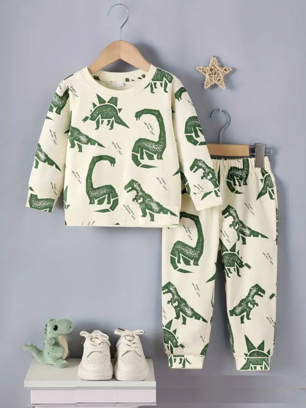 Beige Dino Crew Printed Cotton Blend Casual wear Comfortable Full Sleeve Co-ord Set for boys