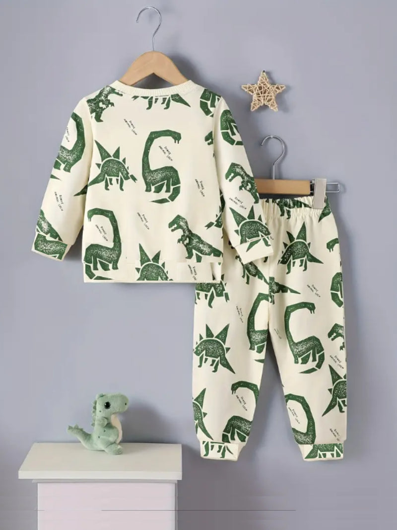 Beige Dino Crew Printed Cotton Blend Casual wear Comfortable Full Sleeve Co-ord Set for boys