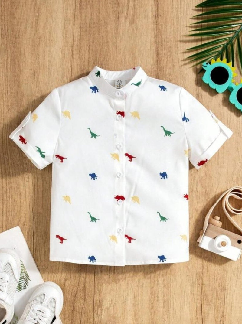 Dinosaur White Printed Shirts For Boys