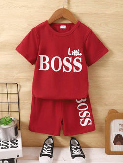 Red Little Boss Printed Clothing Set For Boys