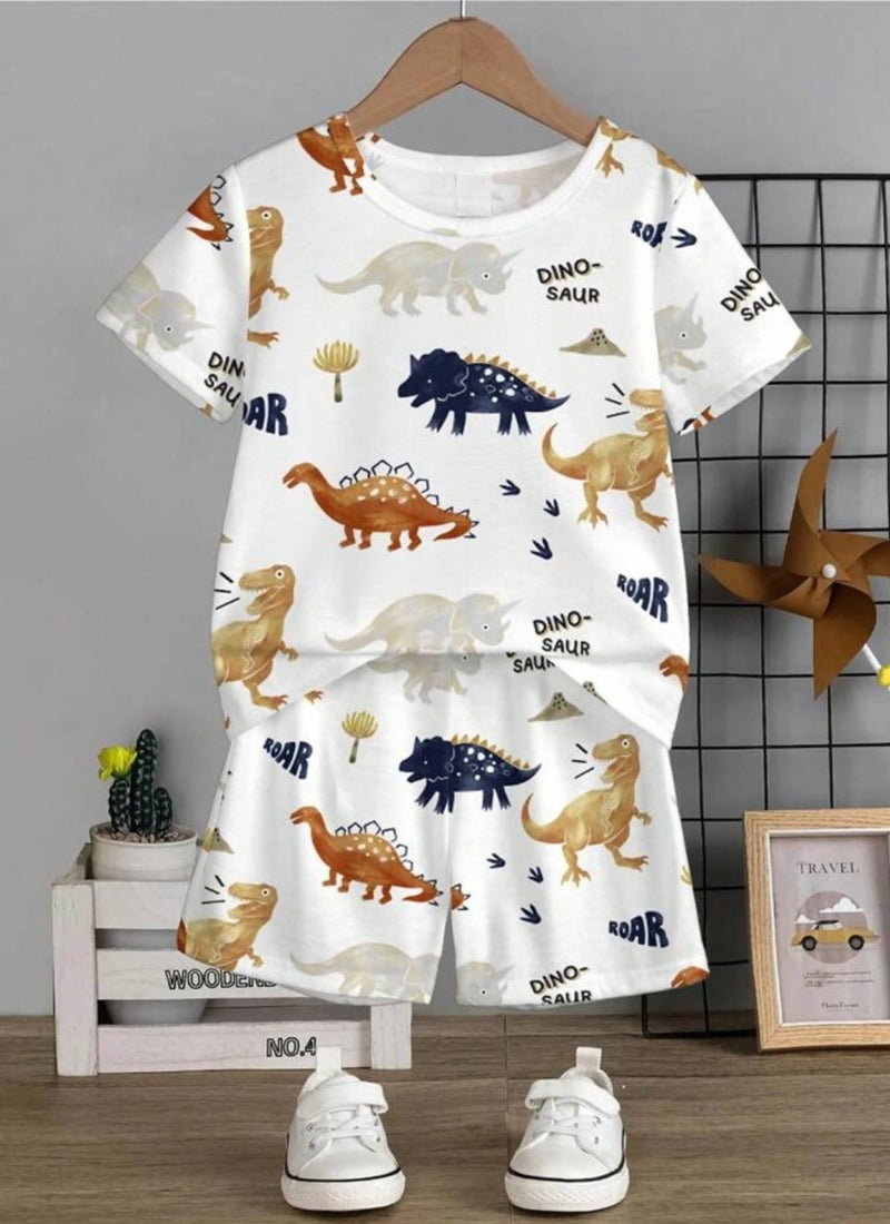 Dinosaur White Printed Clothing Co-ord Set For Boys